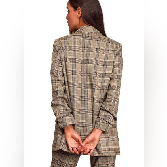 Lulus Coffee Dates Light Brown Plaid Ruched Sleeve Blazer - XS - Picture 3 of 15